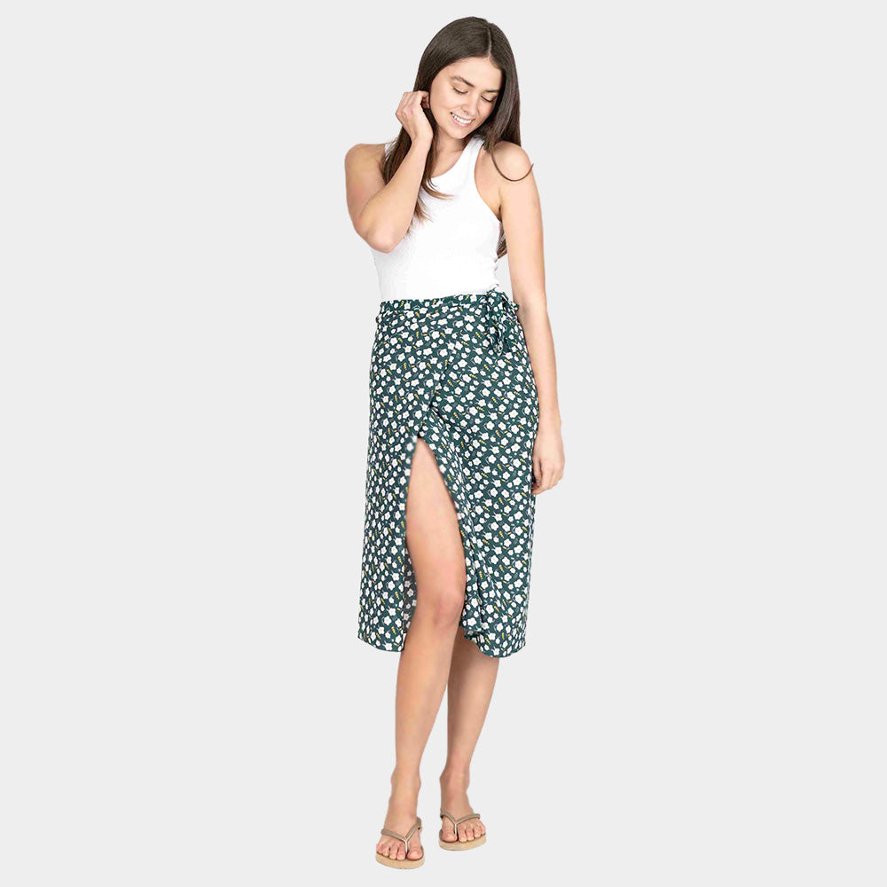 Madeline Love Olive Green Flower Patterned Beach Cover Up Midi Wrap Skirt - Apparel