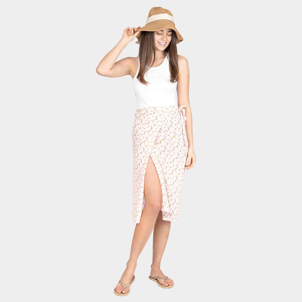 Madeline Love Pink Flower Patterned Beach Cover Up Midi Wrap Skirt - Apparel