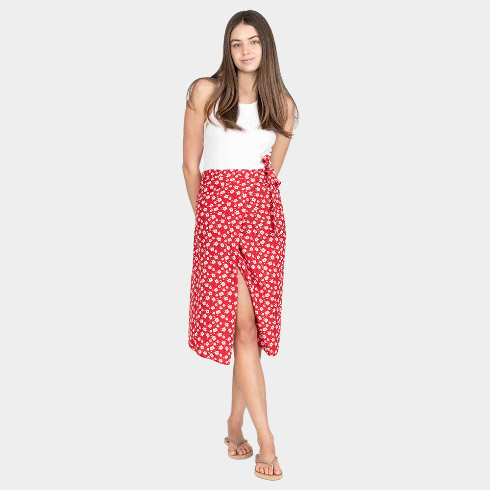 Madeline Love Red Flower Patterned Beach Cover Up Midi Wrap Skirt - Apparel