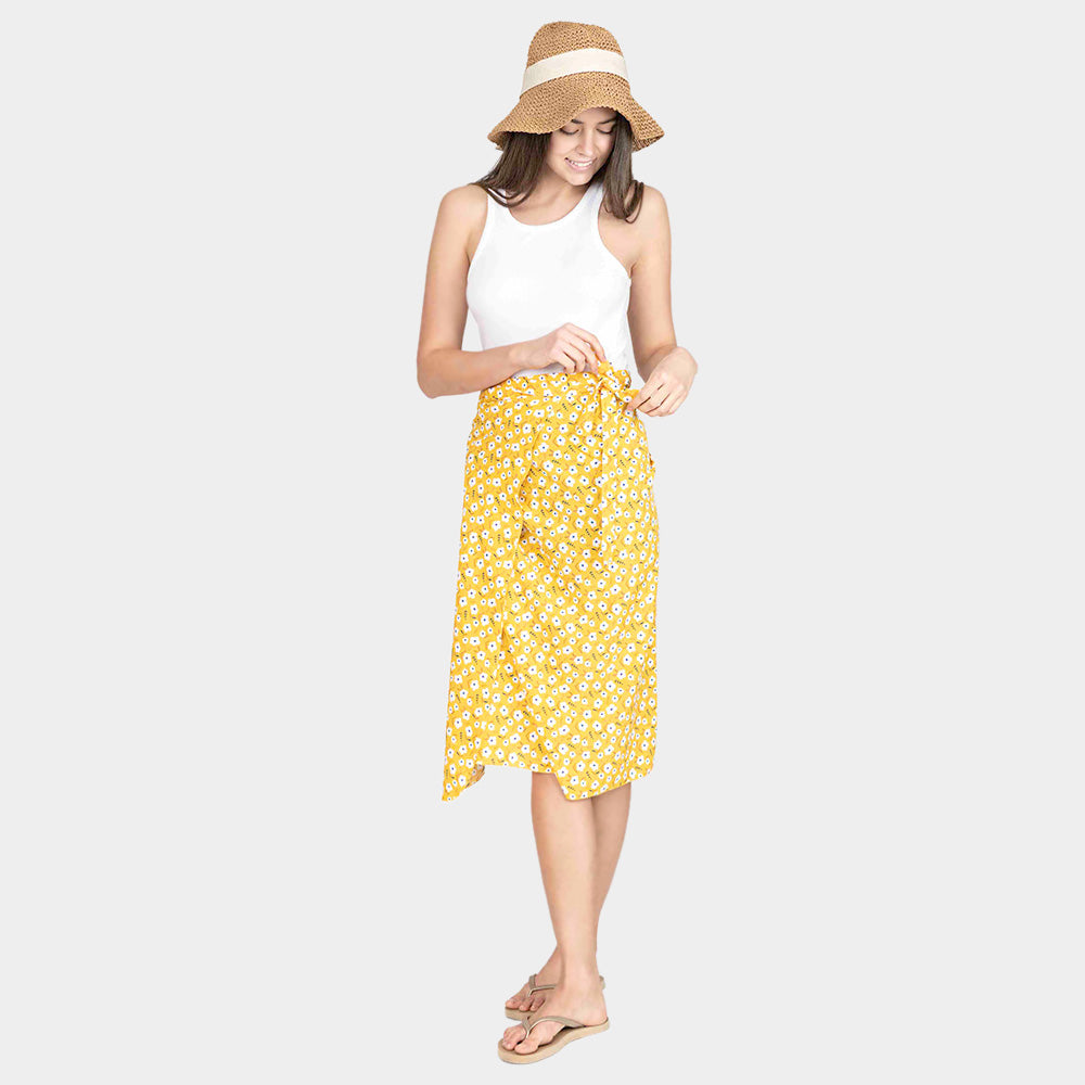 Madeline Love Yellow Flower Patterned Beach Cover Up Midi Wrap Skirt - Apparel