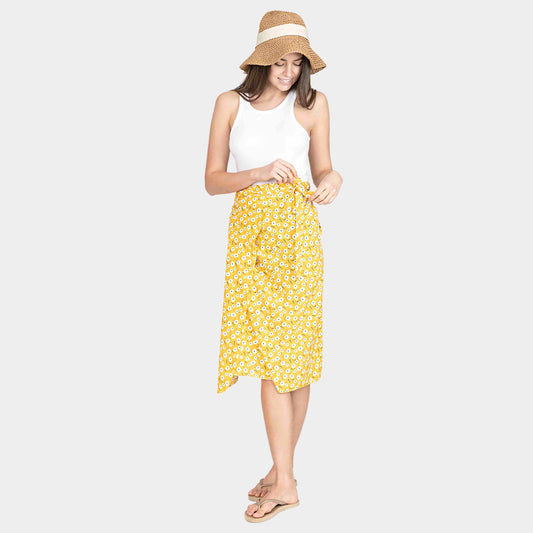 Madeline Love Yellow Flower Patterned Beach Cover Up Midi Wrap Skirt - Apparel