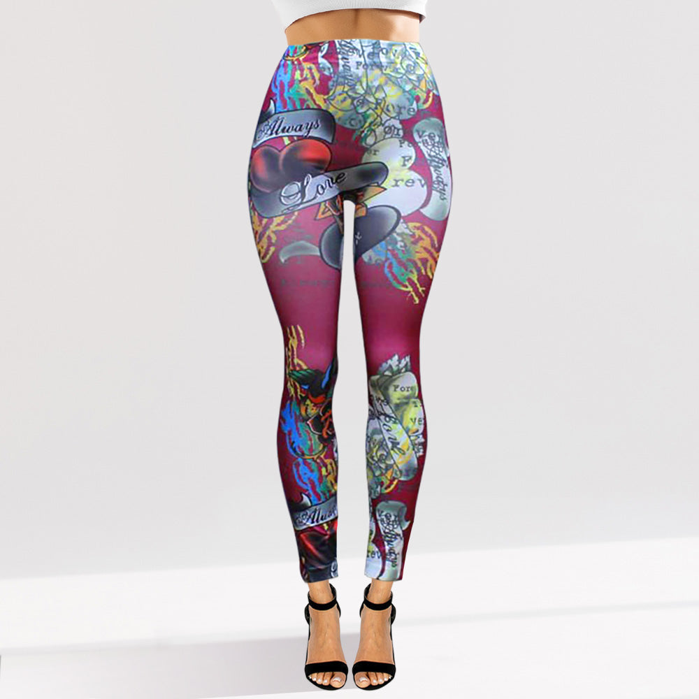 Madeline Love Burgundy Tattoo Inspired Graphic Printed High Waisted Leggings - Apparel
