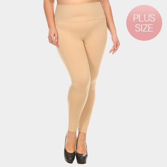 Madeline Love Beige Full Length Seamless Fleece Plus Size Leggings - Apparel