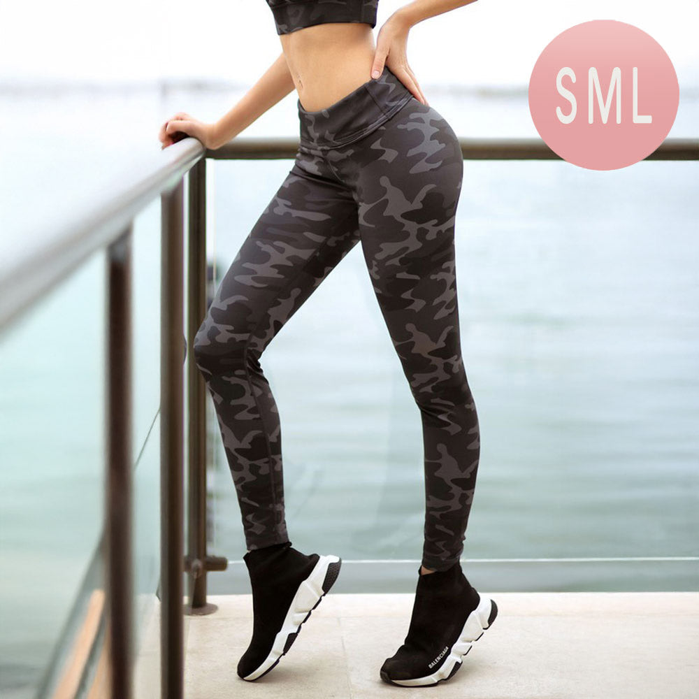 Madeline Love Gray Active Dark Camouflage High Rise Leggings - Apparel