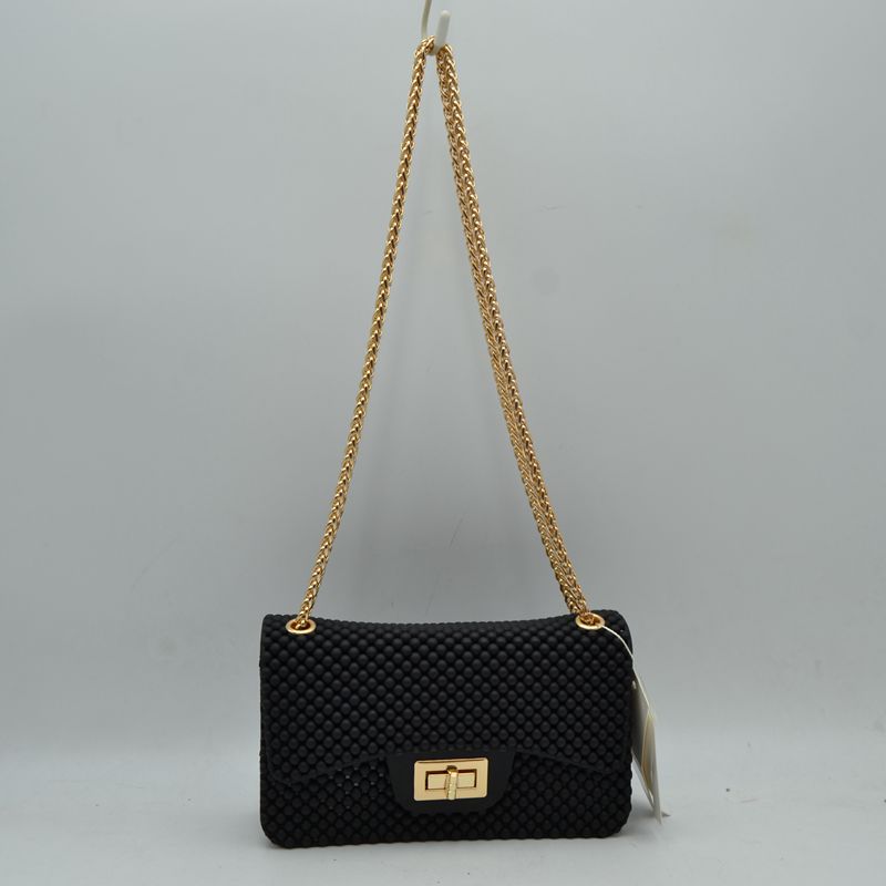 Textured Flap Shoulder Bag with Metallic Chain Strap - Black - Shoulder Bag