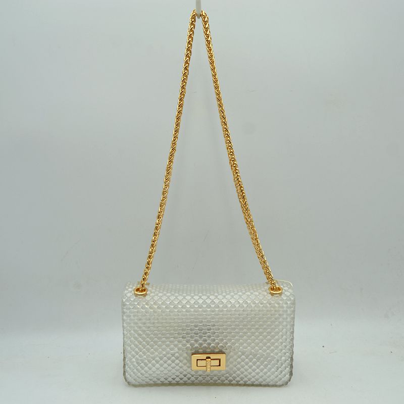 Textured Flap Shoulder Bag with Metallic Chain Strap - Clear - Shoulder Bag
