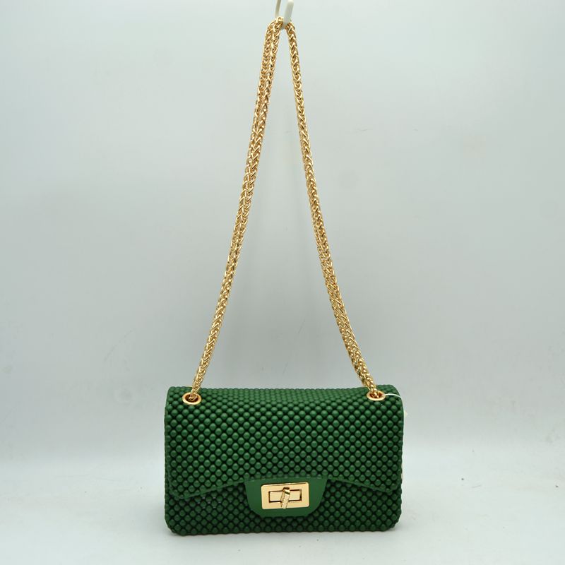 Textured Flap Shoulder Bag with Metallic Chain Strap - Kelly Green - Shoulder Bag