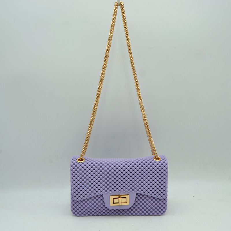 Textured Flap Shoulder Bag with Metallic Chain Strap - Lavender - Shoulder Bag