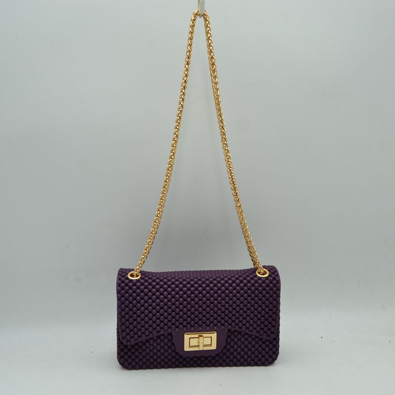 Textured Flap Shoulder Bag with Metallic Chain Strap - Purple - Shoulder Bag