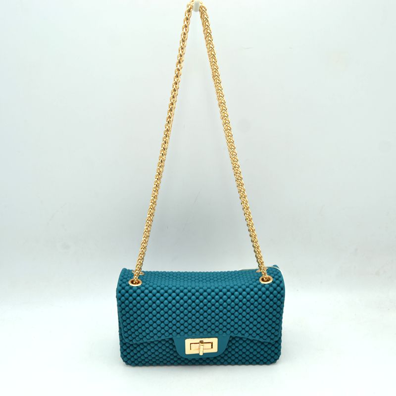 Textured Flap Shoulder Bag with Metallic Chain Strap - Turquoise - Shoulder Bag