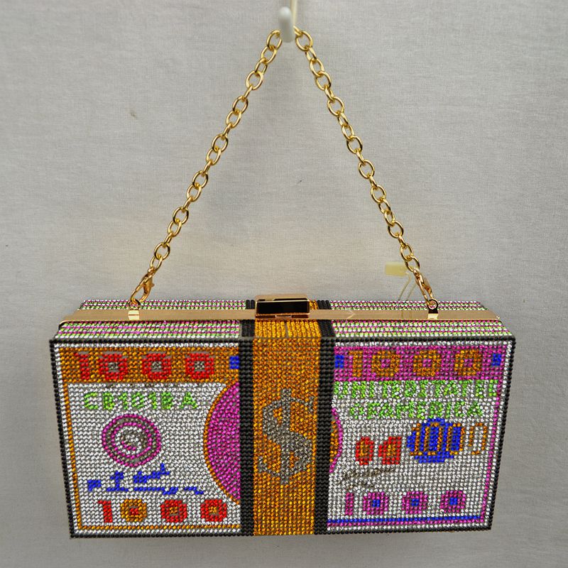 Rhinestone Money Clutch Bag with Removable Chain Strap - Orange - Clutch Bags