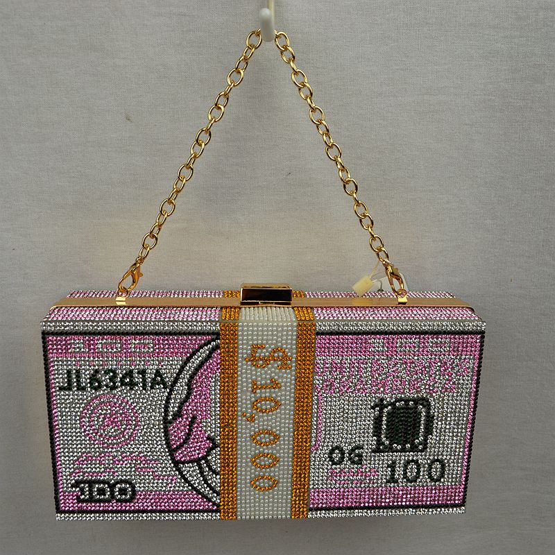 Rhinestone Money Clutch Bag with Removable Chain Strap - Pink - Clutch Bags