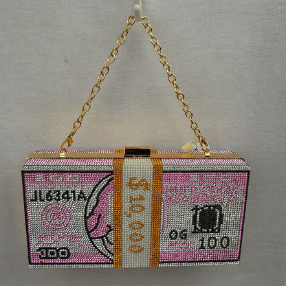 Rhinestone Money Clutch Bag with Removable Chain Strap - Pink - Clutch Bags
