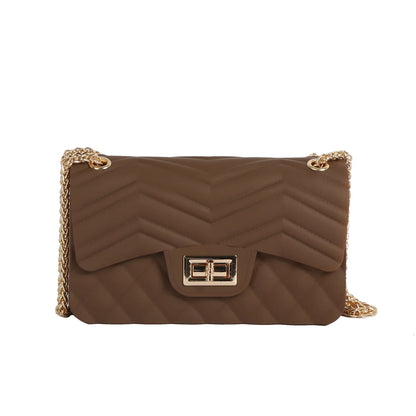 Chevron Quilted Flap Crossbody Bag with Chain Strap - Coffee - Cross Body Bag