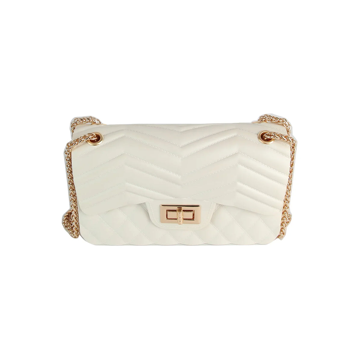 Chevron Quilted Flap Crossbody Bag with Chain Strap - Clear White - Cross Body Bag