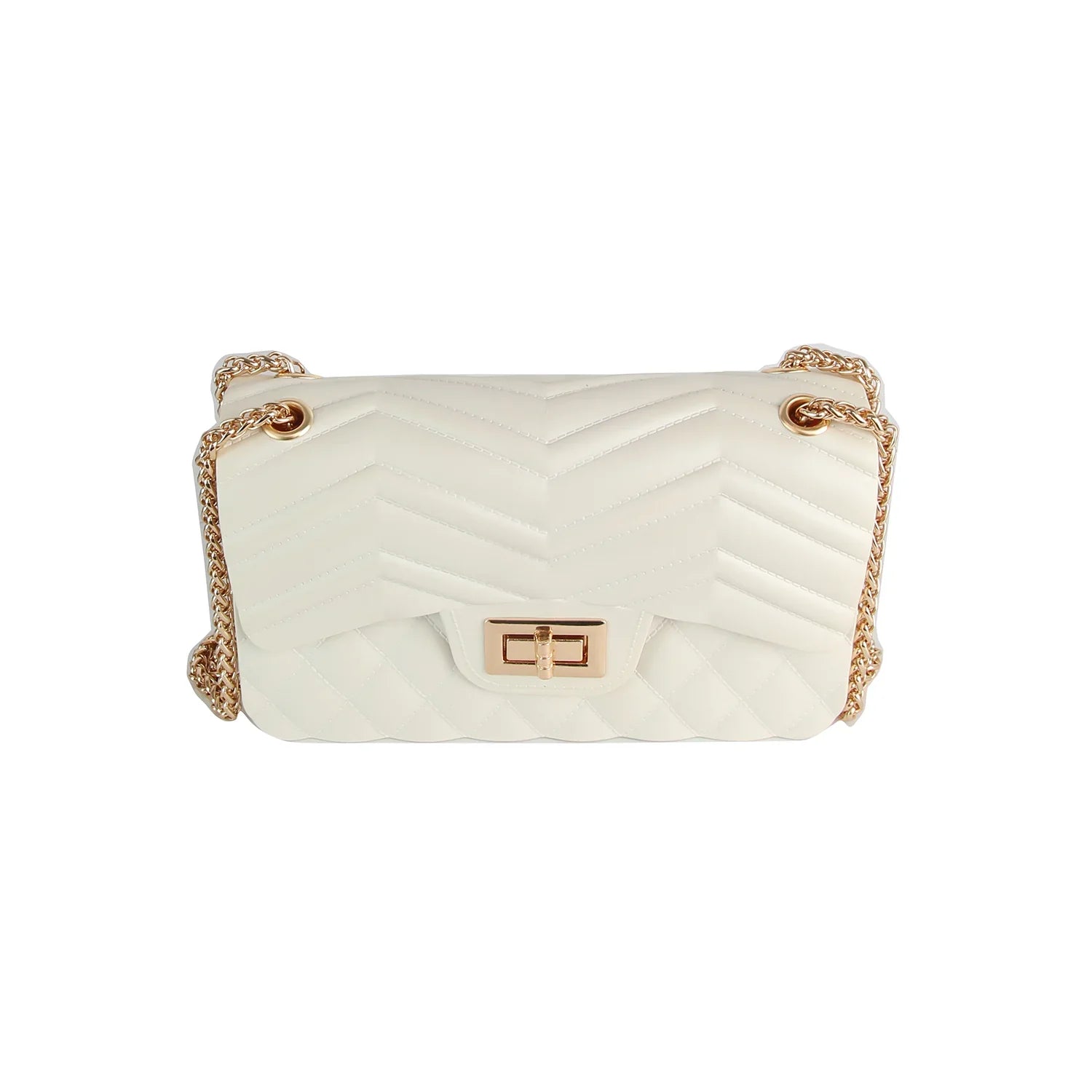 Chevron Quilted Flap Crossbody Bag with Chain Strap - Clear White - Cross Body Bag