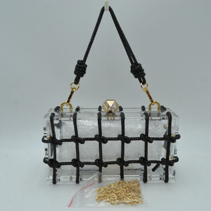 Box Clutch Bag with Cage Overlay and Cord Top Handle - Black - Clutch Bags