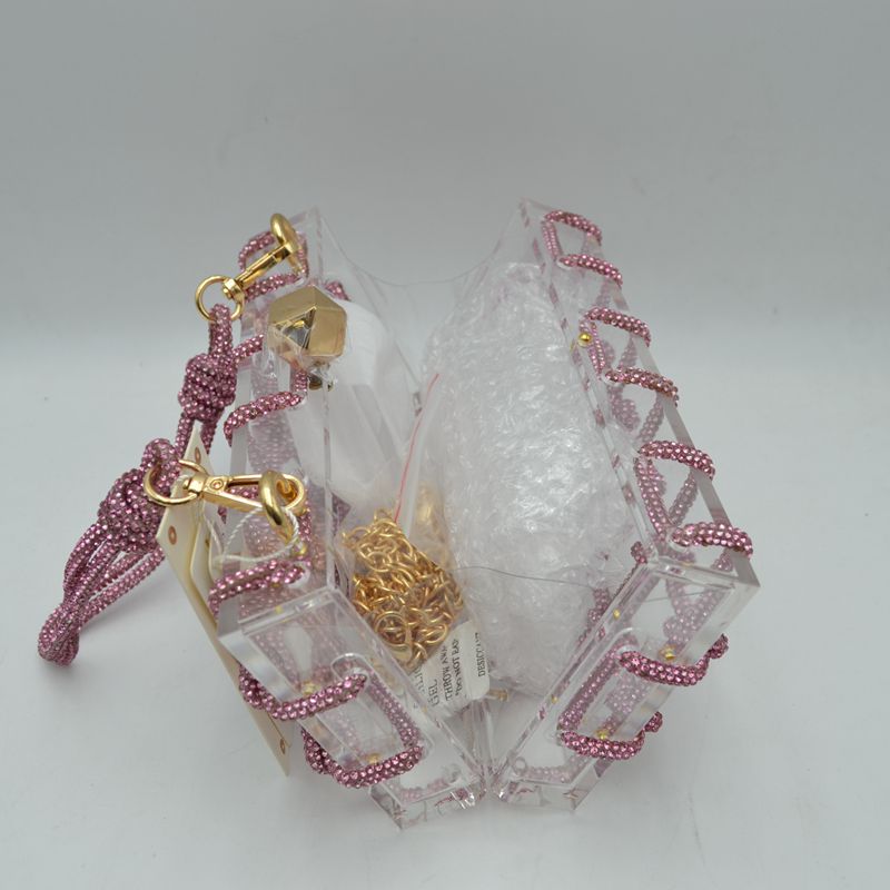 Box Clutch Bag with Cage Overlay and Cord Top Handle - Clutch Bags