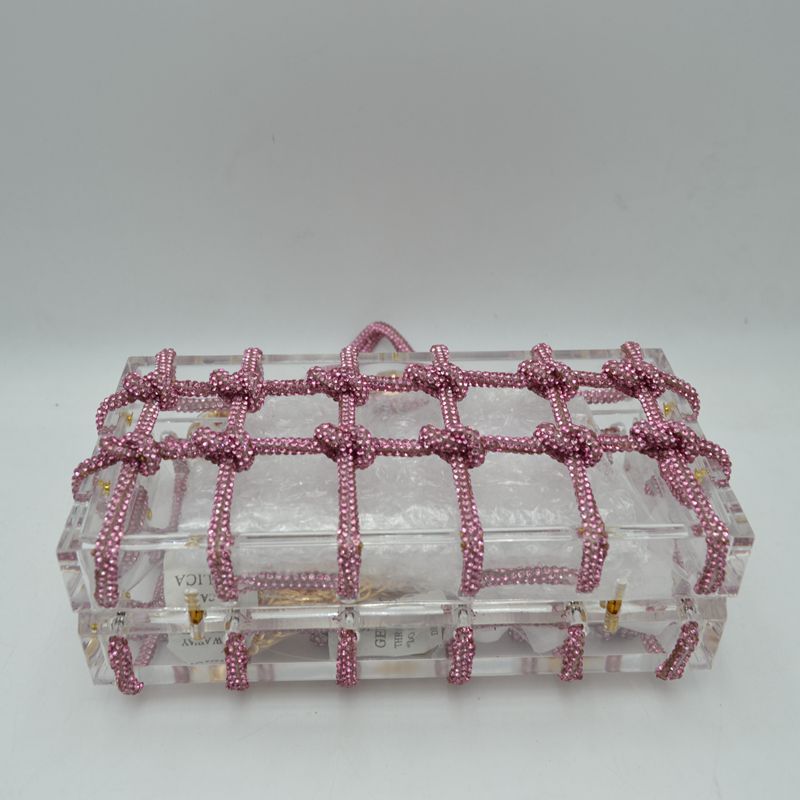 Box Clutch Bag with Cage Overlay and Cord Top Handle - Clutch Bags