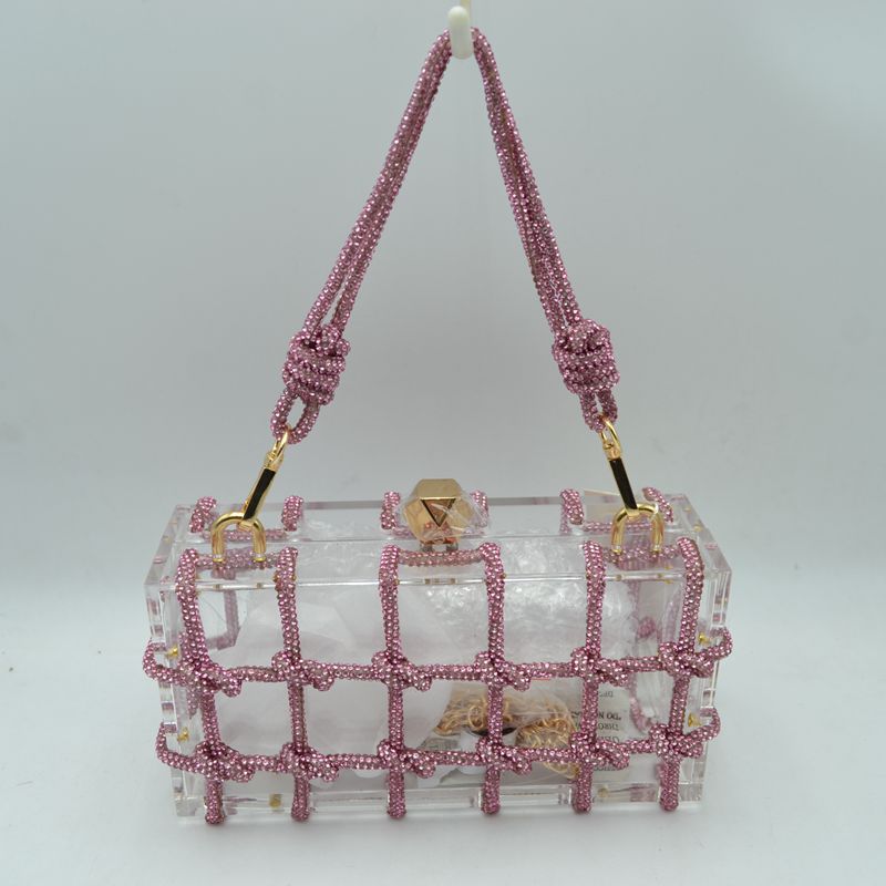 Box Clutch Bag with Cage Overlay and Cord Top Handle - Clutch Bags