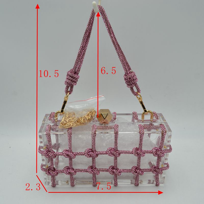Box Clutch Bag with Cage Overlay and Cord Top Handle - Clutch Bags