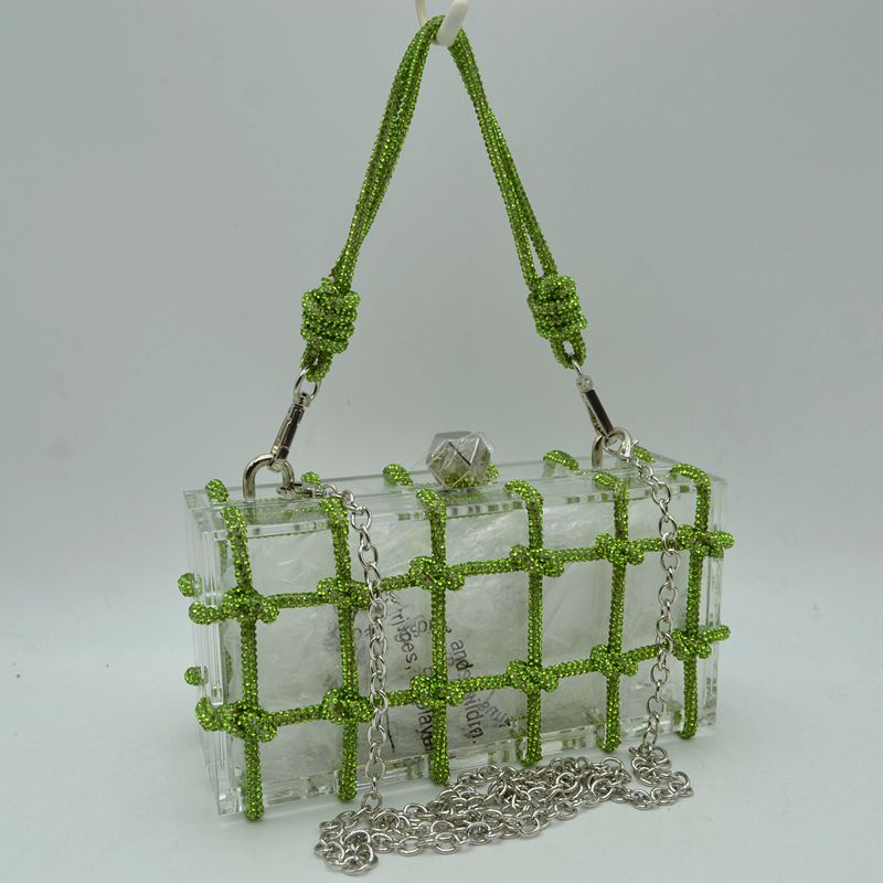 Box Clutch Bag with Cage Overlay and Cord Top Handle - Green - Clutch Bags