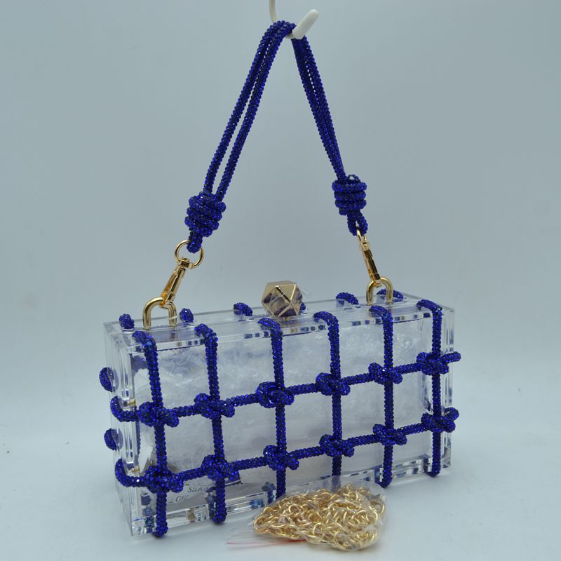 Box Clutch Bag with Cage Overlay and Cord Top Handle - Royal Blue - Clutch Bags