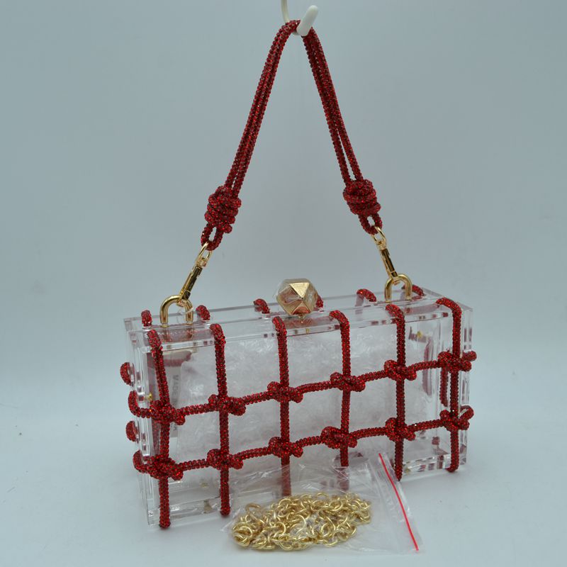 Box Clutch Bag with Cage Overlay and Cord Top Handle - Red - Clutch Bags