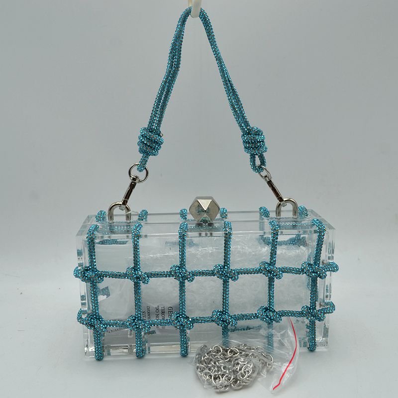Box Clutch Bag with Cage Overlay and Cord Top Handle - Teal - Clutch Bags