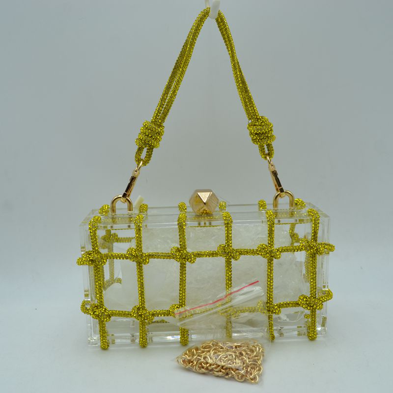 Box Clutch Bag with Cage Overlay and Cord Top Handle - Yellow - Clutch Bags