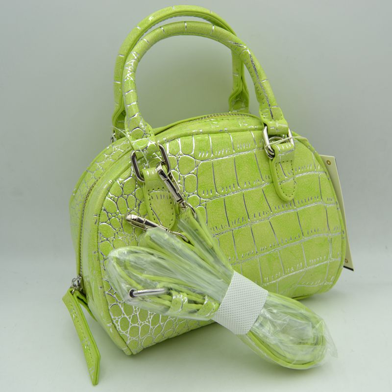 Embossed Dome Handbag with Top Handles and Adjustable Strap - Lime - Hand Bag