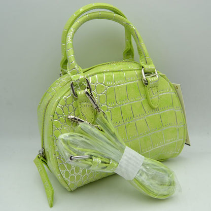 Embossed Dome Handbag with Top Handles and Adjustable Strap - Lime - Hand Bag