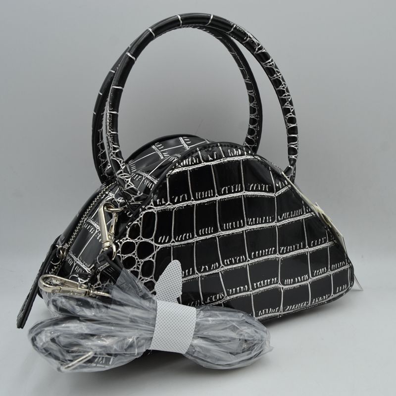 Embossed Dome Handbag with Top Handles and Adjustable Strap - Black - Hand Bag