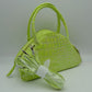 Embossed Dome Handbag with Top Handles and Adjustable Strap - Lime - Hand Bag