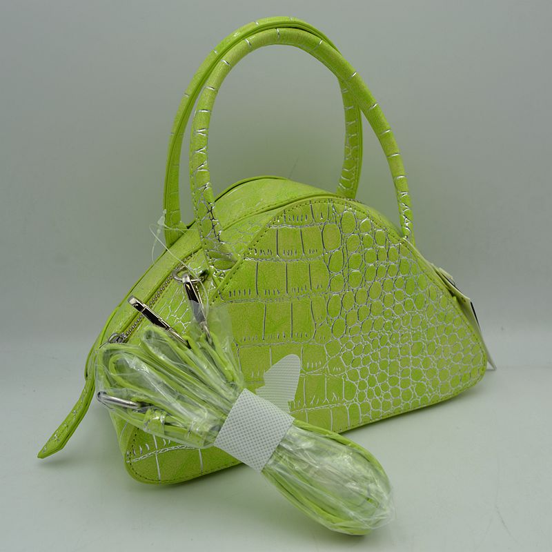 Embossed Dome Handbag with Top Handles and Adjustable Strap - Lime - Hand Bag