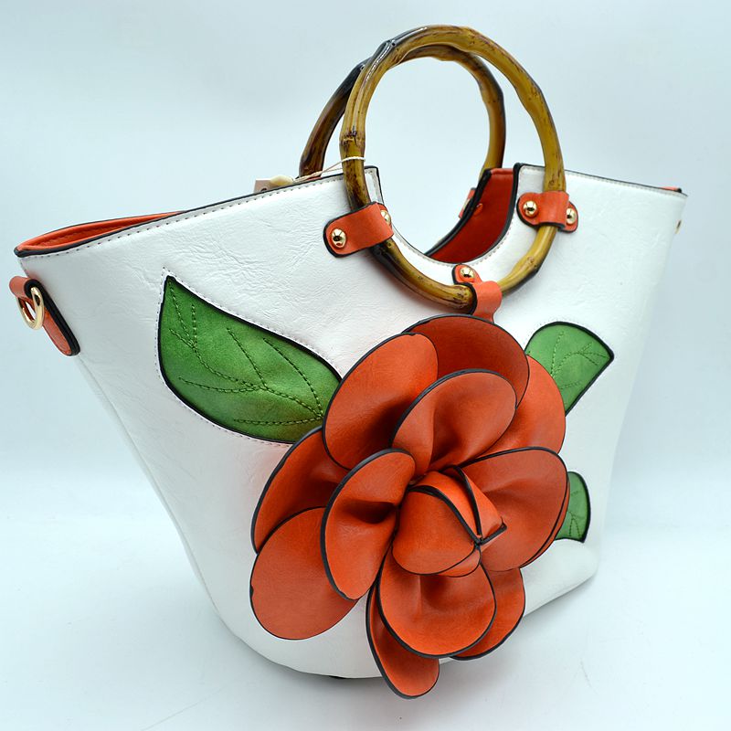 Floral Applique Tote Bag with Segmented Round Top Handles - Tote Bag