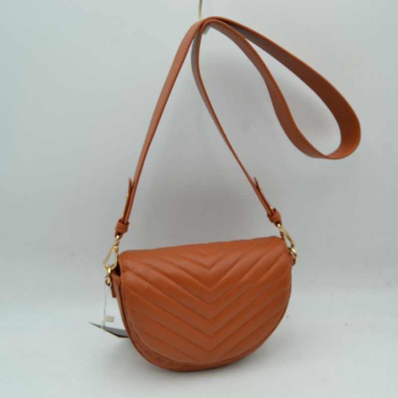 Chevron-Quilted Half-Moon Crossbody Bag with Adjustable Shoulder Strap - Brown - Crossbody Bags