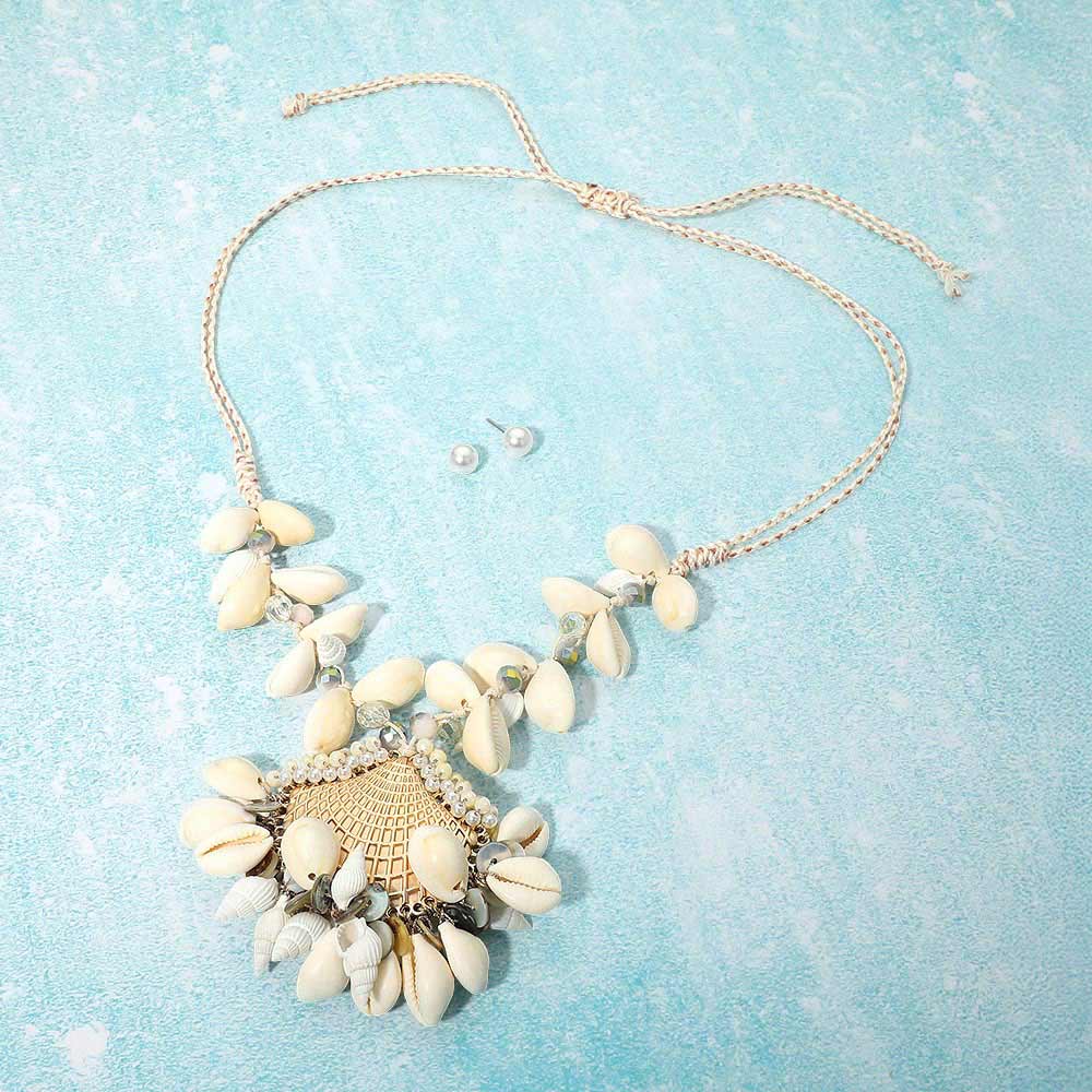 Madeline Love Ivory Shell Pendant Beaded Adjustable Cinch Pull Tie Statement Long Necklace - Necklaces