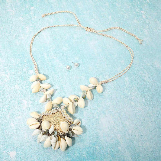 Madeline Love Ivory Shell Pendant Beaded Adjustable Cinch Pull Tie Statement Long Necklace - Necklaces