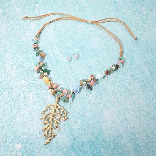 Madeline Love Gold Coral Branch Pendant Beaded Adjustable Cinch Pull Tie Statement Long Necklace - Necklaces
