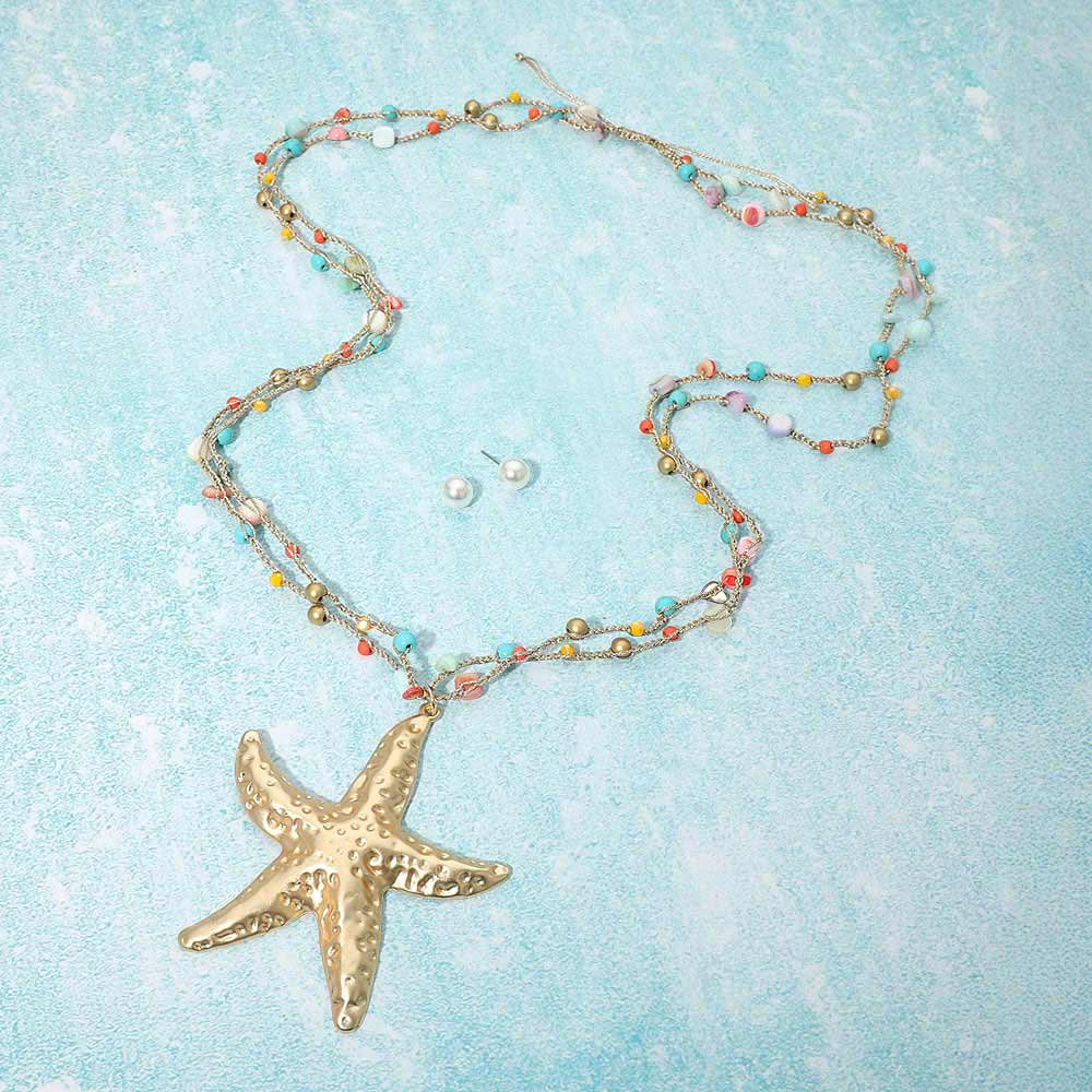 Madeline Love Gold Starfish Pendant Accent Faceted Beads Station Layered Chain Adjustable Cinch Pull Tie Statement Long Necklace - Necklaces