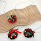 Green Red, Bow Pom Pom Wreath Long Pendant Necklace