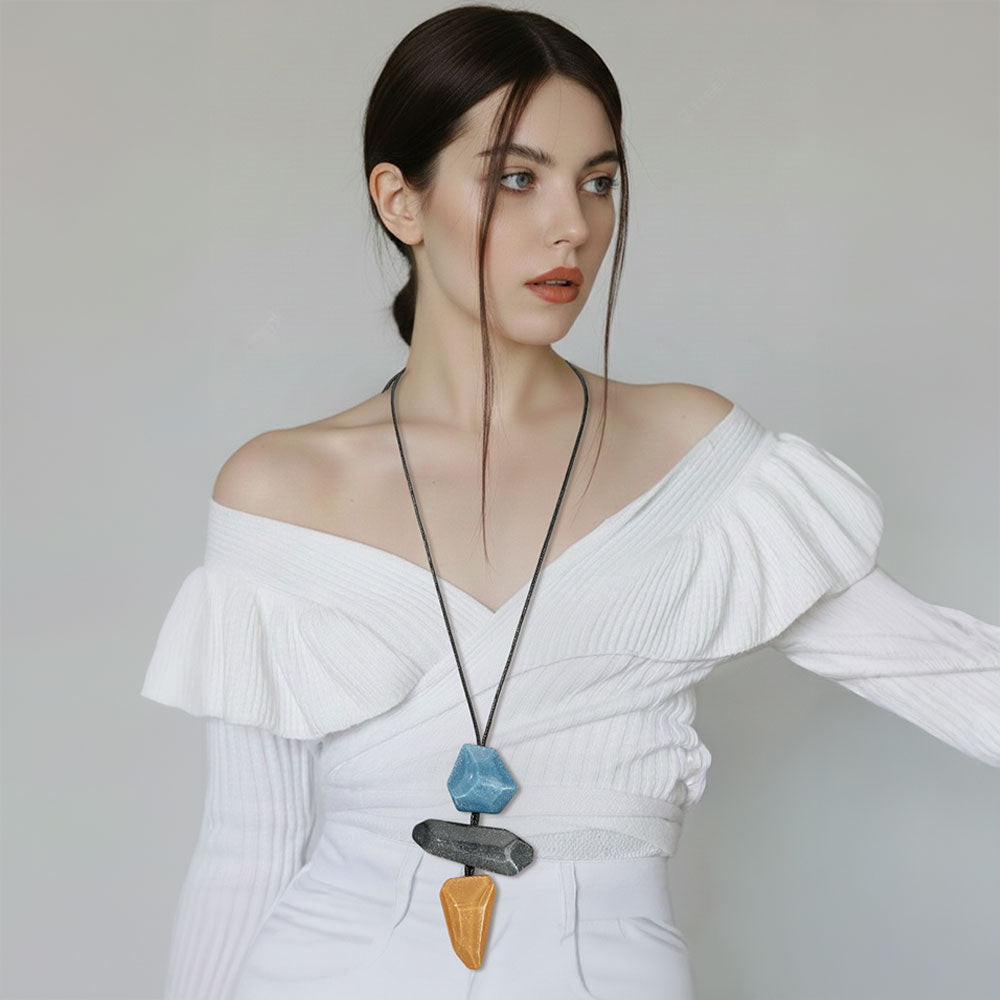 Madeline Love Blue Geometric Stackable Resin Pendant Adjustable Long Necklace - Necklaces