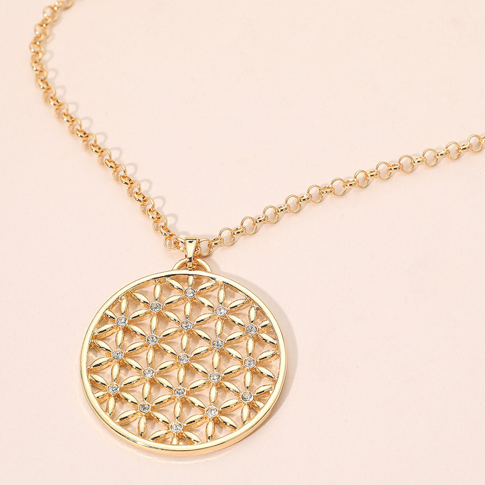 Madeline Love Clear, Gold Rhinestone Accented Geometric Floral Circle Pendant Long Necklace - Necklaces