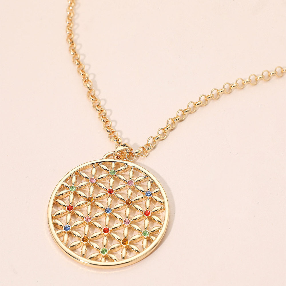 Madeline Love Gold, Multi Rhinestone Accented Geometric Floral Circle Pendant Long Necklace - Necklaces