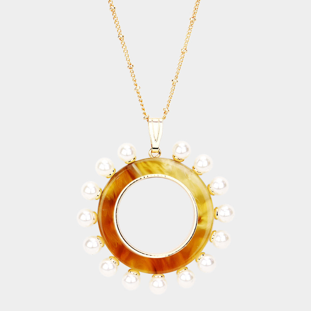 Madeline Love Neutral Pearl Detail Celluloid Acetate Open Circle Pendant Necklace - Necklaces