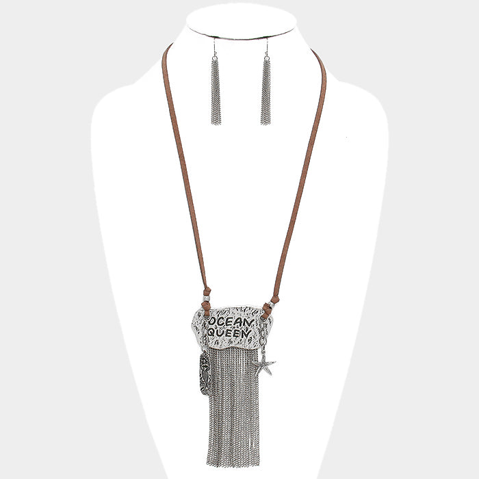 Silver Burnished "Ocean Queen" Starfish & Mermaid Charm Metal Chain Fringe Necklace