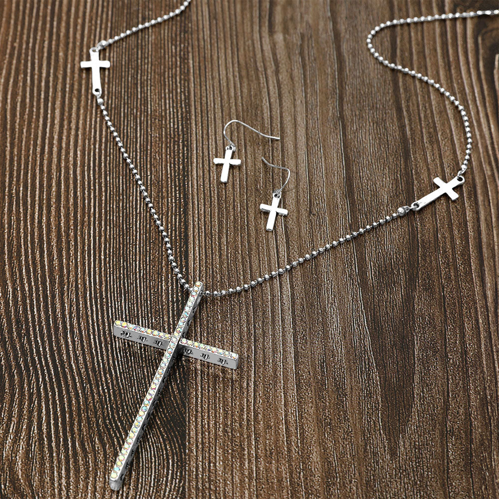 Madeline Love AB, Silver Burnished Star Shaped Punched Stone Paved Cross Pendant Long Necklace - Necklaces