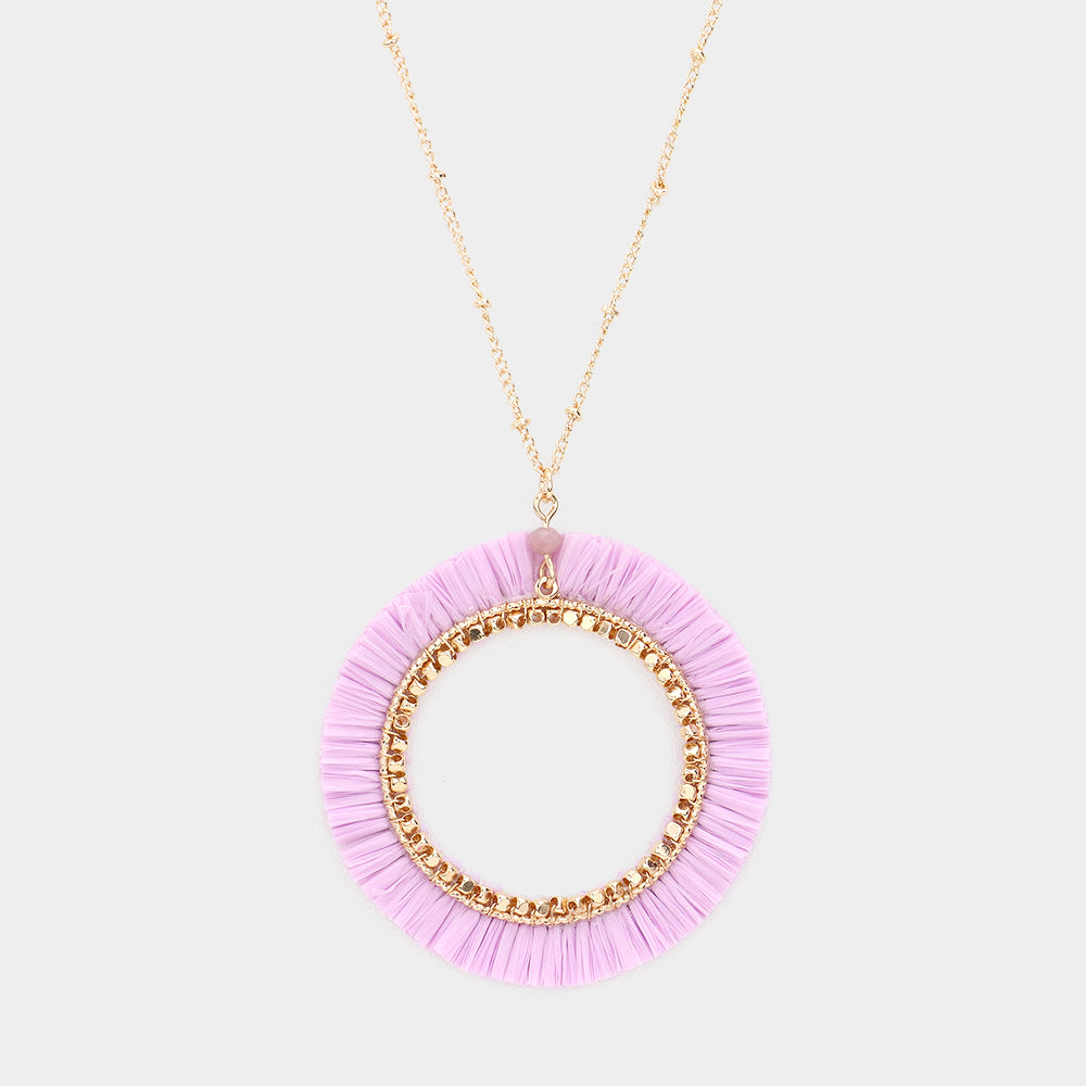 Madeline Love Lavender Raffia Trimmed Open Circle Pendant Long Necklace - Necklaces