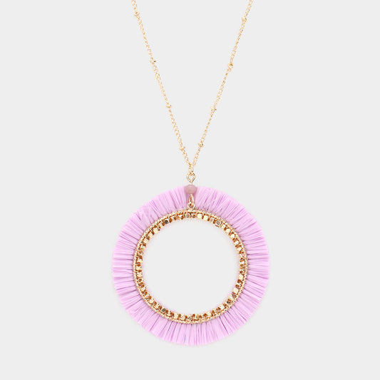Madeline Love Lavender Raffia Trimmed Open Circle Pendant Long Necklace - Necklaces